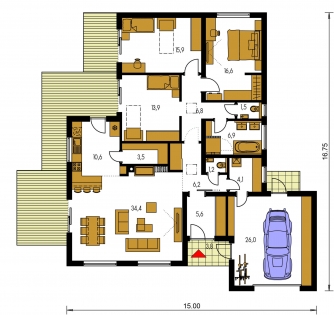 Grundriss des Erdgeschosses - BUNGALOW 166-PS